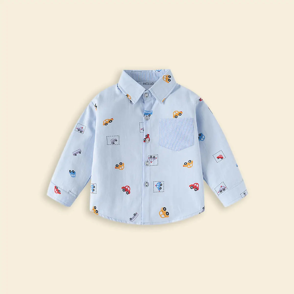 Boys Sky Blue Car Print Long Sleeve Shirt Shirts