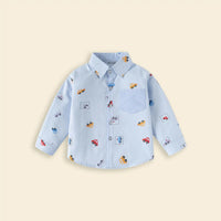 Boys Sky Blue Car Print Long Sleeve Shirt Shirts