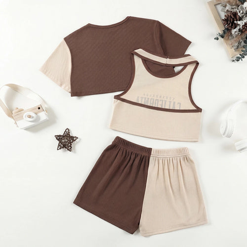 Girls Brown Typography Print Vest With Ribbed Top And Shorts Sets 3 pc. Sets