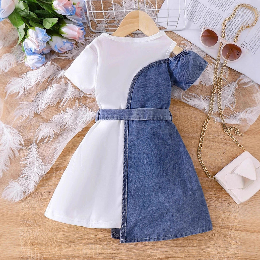 Girls Blue Solid Cold Shoulder Denim A-Line Dress Casual Dresses
