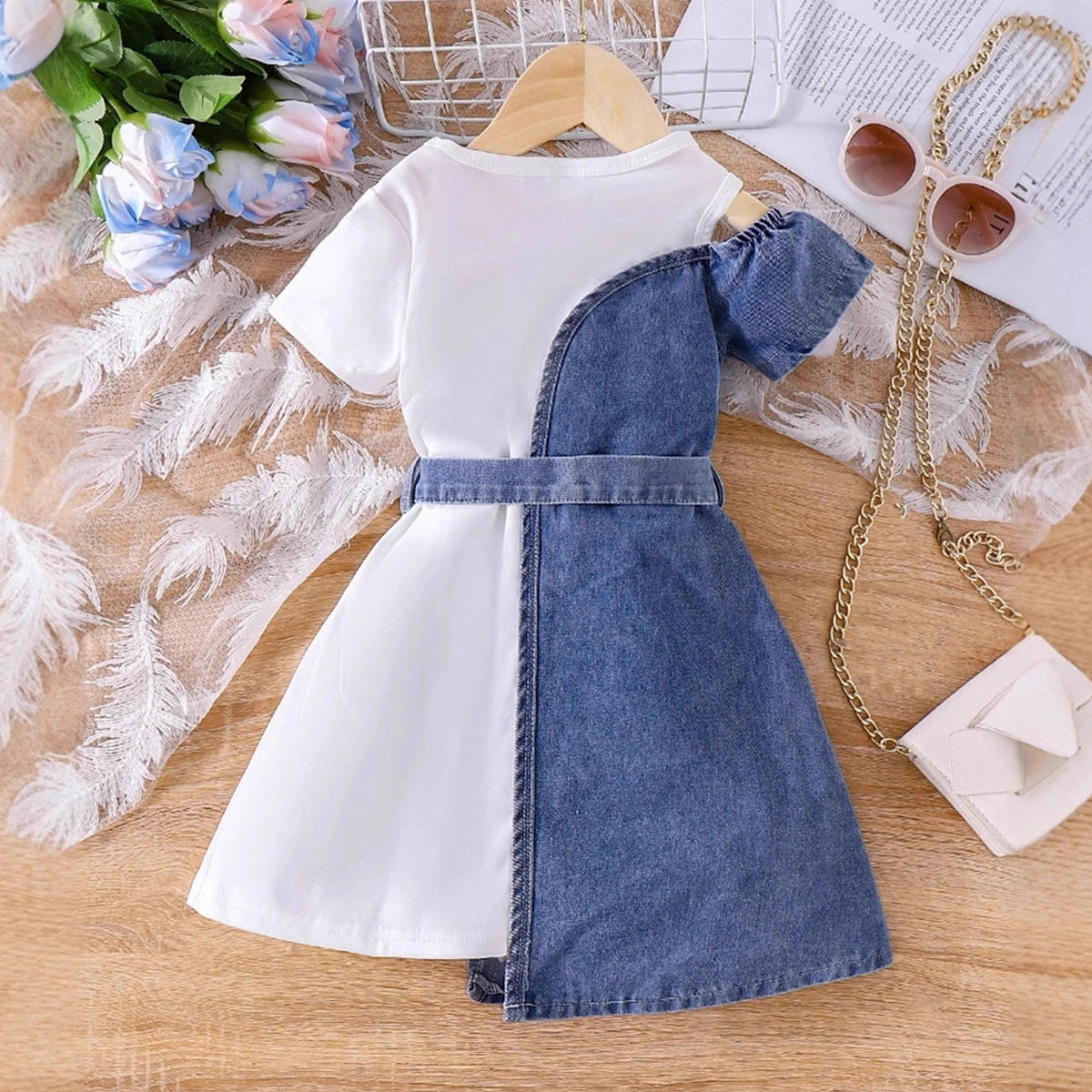 Girls Blue Solid Cold Shoulder Denim A-Line Dress Casual Dresses