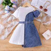 Girls Blue Solid Cold Shoulder Denim A-Line Dress Casual Dresses