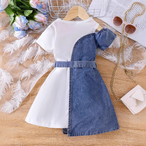 Girls Blue Solid Cold Shoulder Denim A-Line Dress Casual Dresses