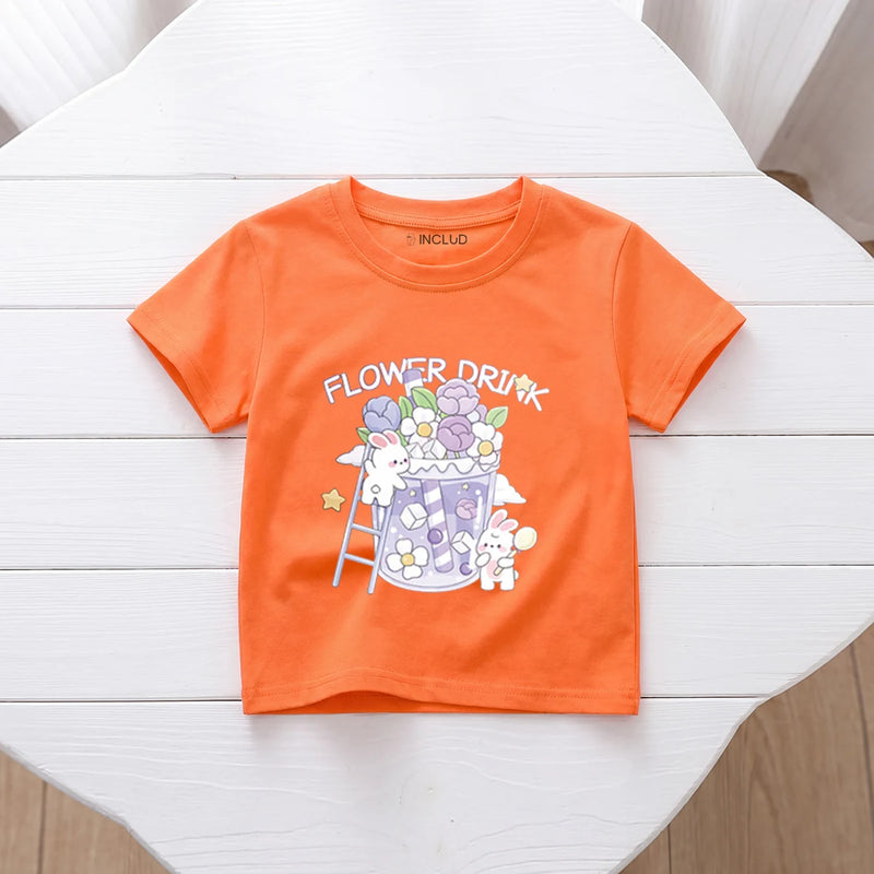 Girls Orange Short Sleeve Floral Print T-Shirt Tshirts Orange 1-2 Y