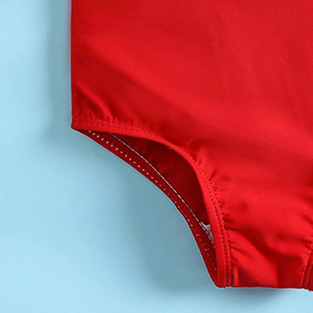 Girls Red One Shoulder Swimwear Bodysuit With Strips Ruffle & Hairband Beachwear