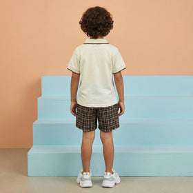 Boys Cream Short Sleeves Polo T-Shirt With Checked Shorts Set Sets