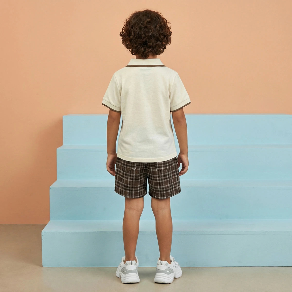 Boys Cream Short Sleeves Polo T-Shirt With Checked Shorts Set Sets