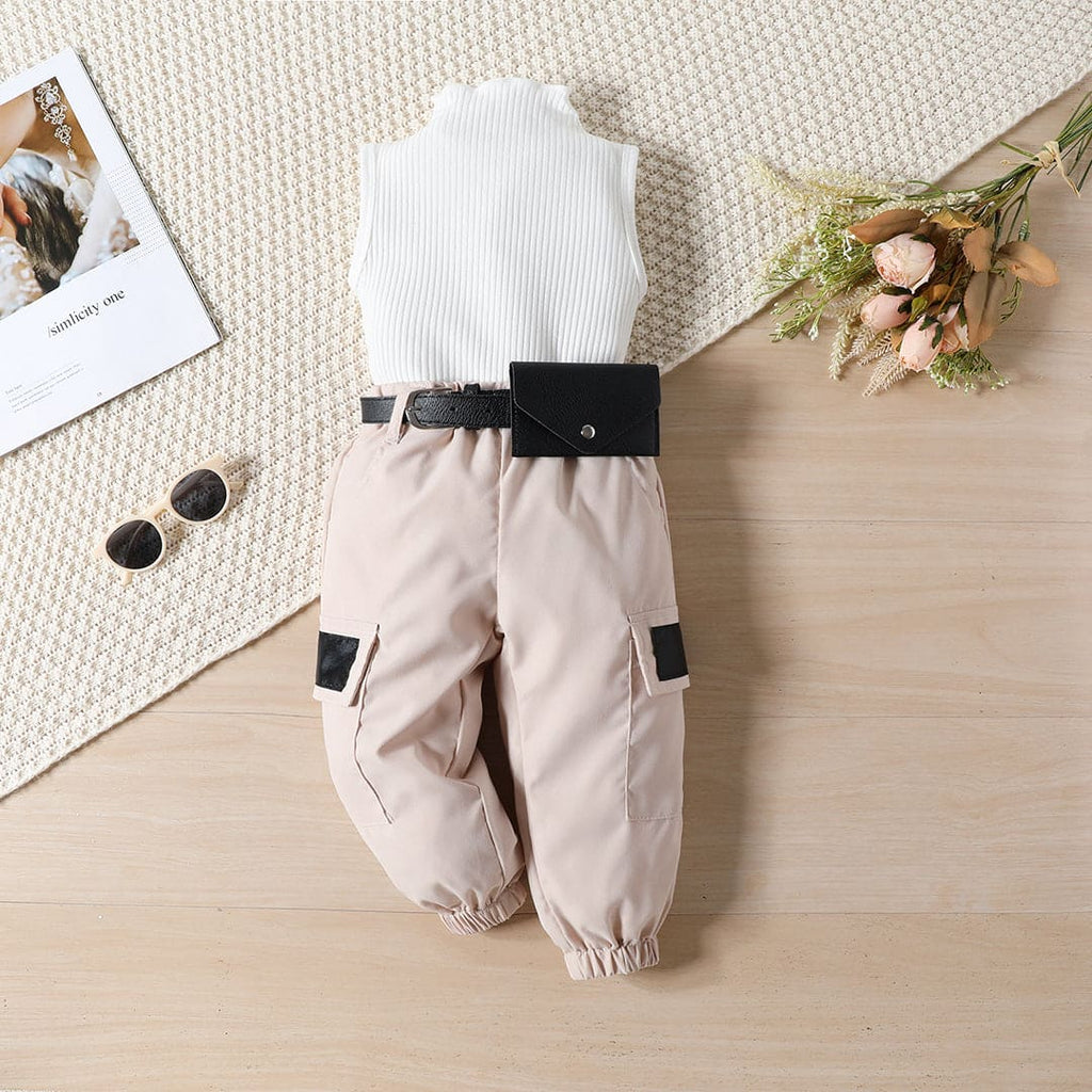 Girls White Turtle Neck Tank Top with Joggers Set Sets White 1-2 Y 