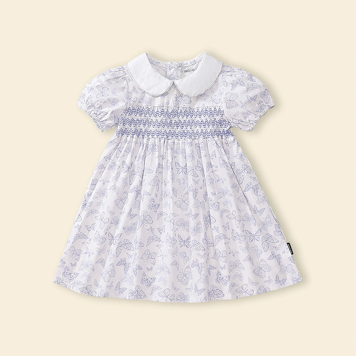 Girls White Butterfly Printed Smocked Fit & Flare Dress Casual Dresses