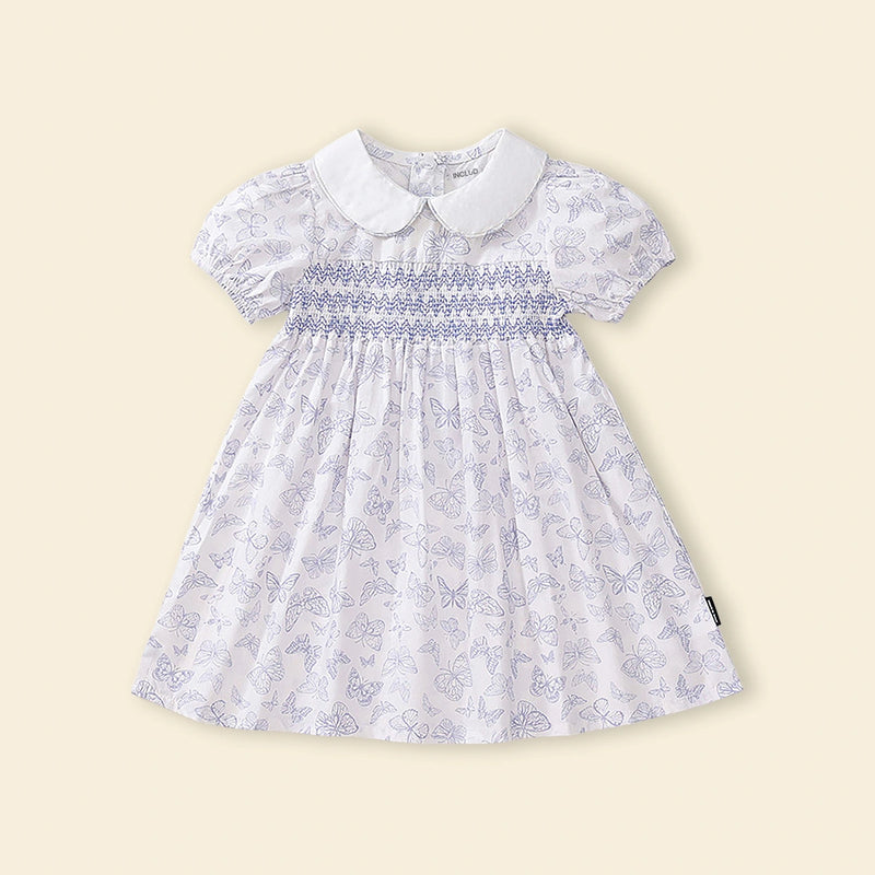 Girls White Butterfly Printed Smocked Fit & Flare Dress Casual Dresses