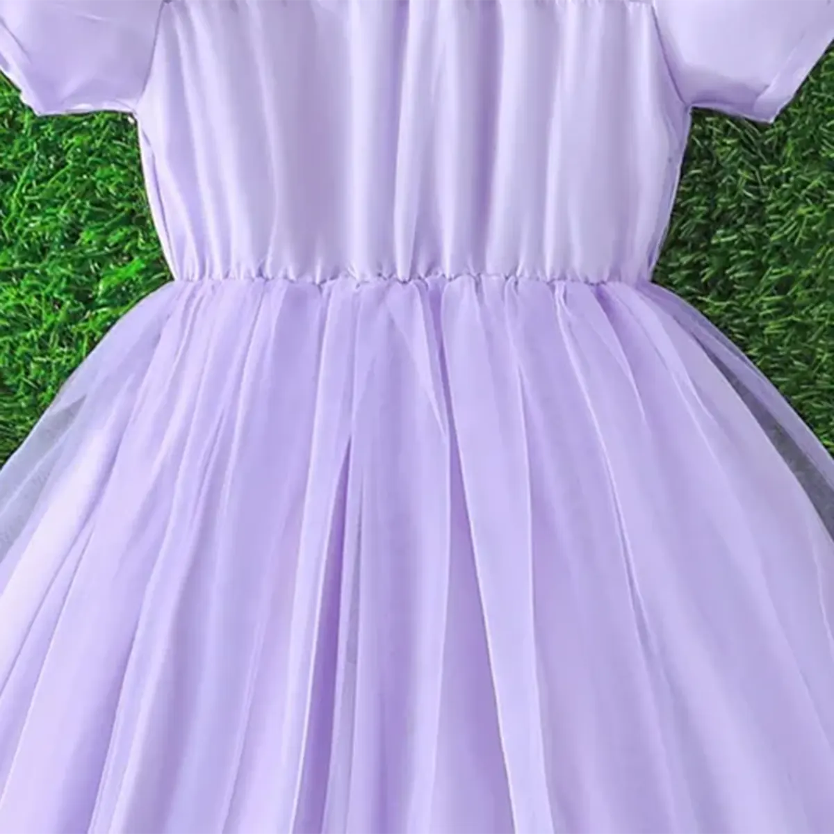 Girls Lilac Tulle Overlay Fit & Flare Dress With Puff Sleeves Casual Dresses