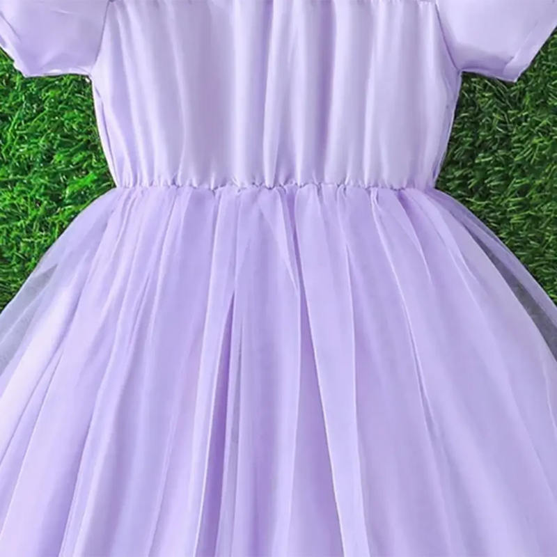 Girls Lilac Tulle Overlay Fit & Flare Dress With Puff Sleeves Casual Dresses
