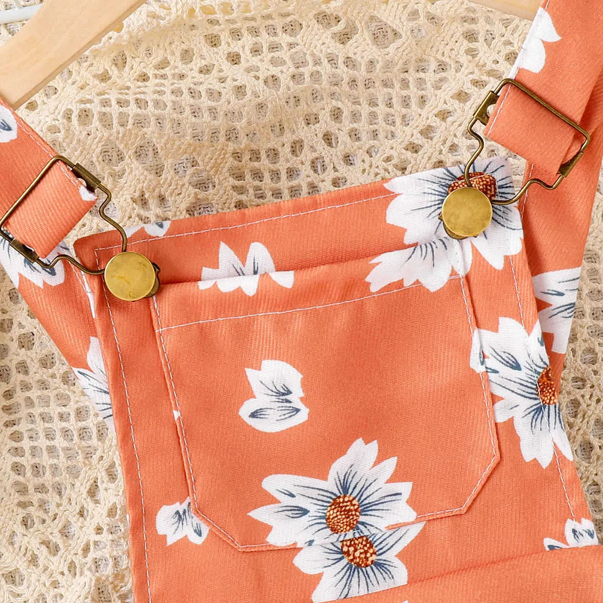 Girls Orange Floral Print Adjustable Strap Dungaree Jumpsuits