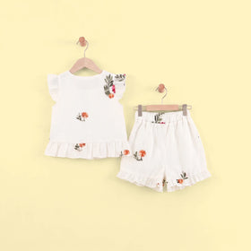 Girls Off White Floral Embroidered Top With Shorts Sets 2 pc. Sets