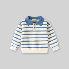 Boys Blue Stripes Knitted Polo Sweater Sweaters & Cardigans