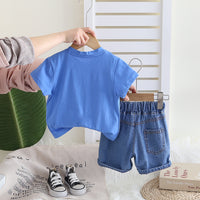 Boys Blue Typographic Printed T-Shirt With Denim Shorts Set 2 pc. Sets