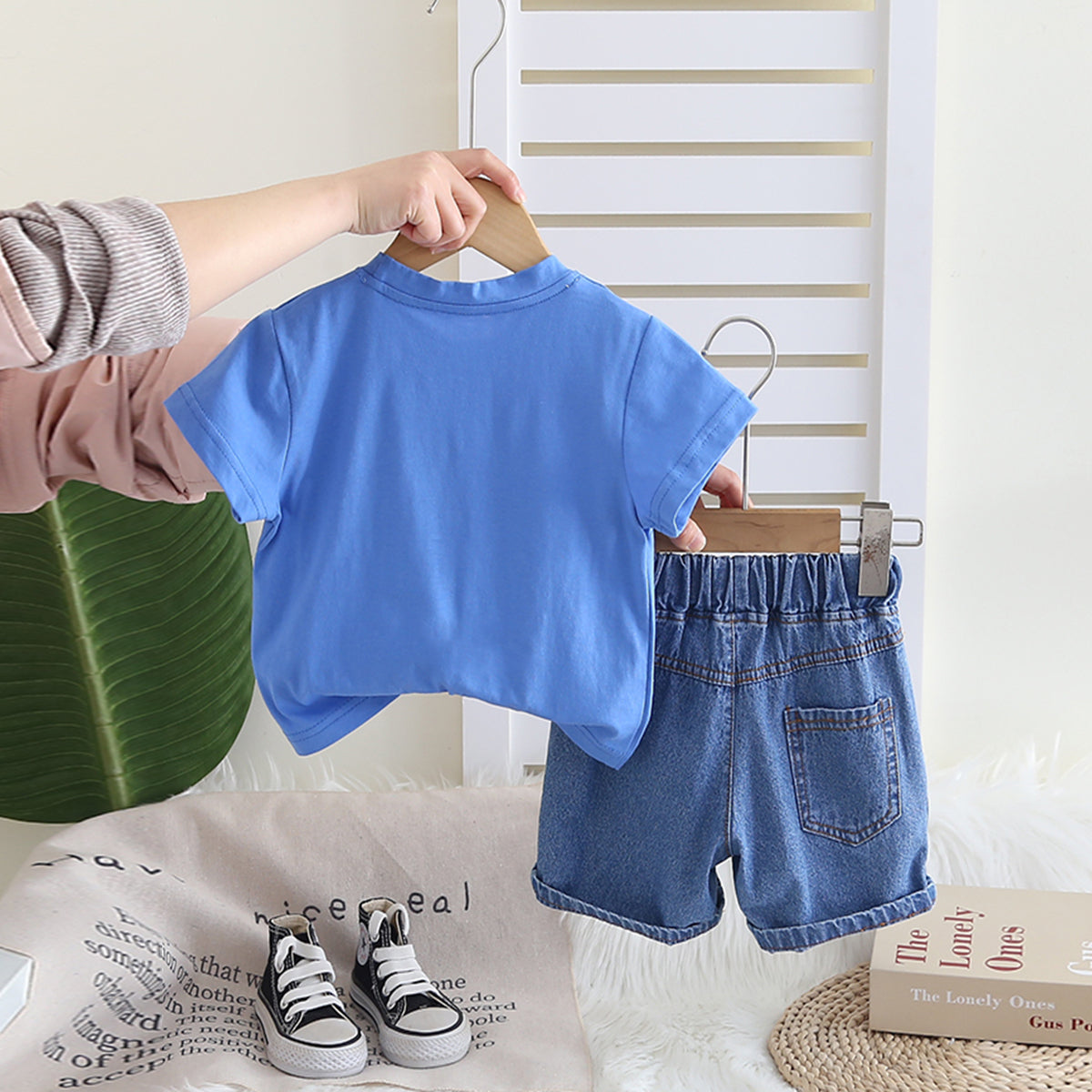 Boys Blue Typographic Printed T-Shirt With Denim Shorts Set 2 pc. Sets