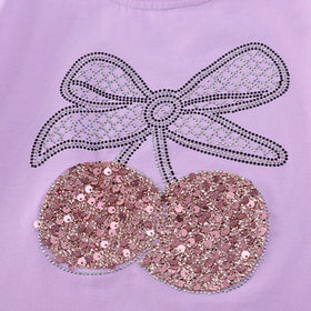 Girls Purple Cherry Embellished T-Shirt With Pleated Denim Shorts Set Sets