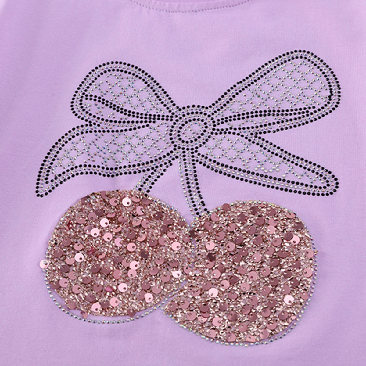 Girls Purple Cherry Embellished T-Shirt With Pleated Denim Shorts Set Sets