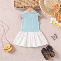 Girls Blue Sleeveless Ribbed Shirt Collar Drop Waist Dress Casual Dresses