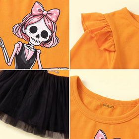 Girls Orange Skeleton Print Fit & Flare Dress Casual Dresses