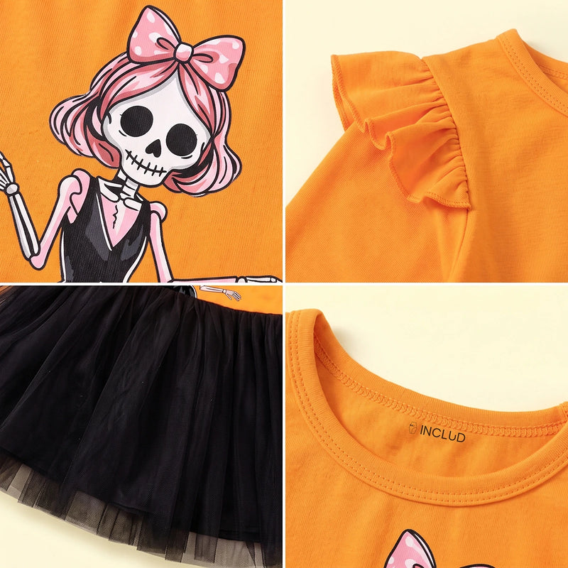 Girls Orange Skeleton Print Fit & Flare Dress Casual Dresses