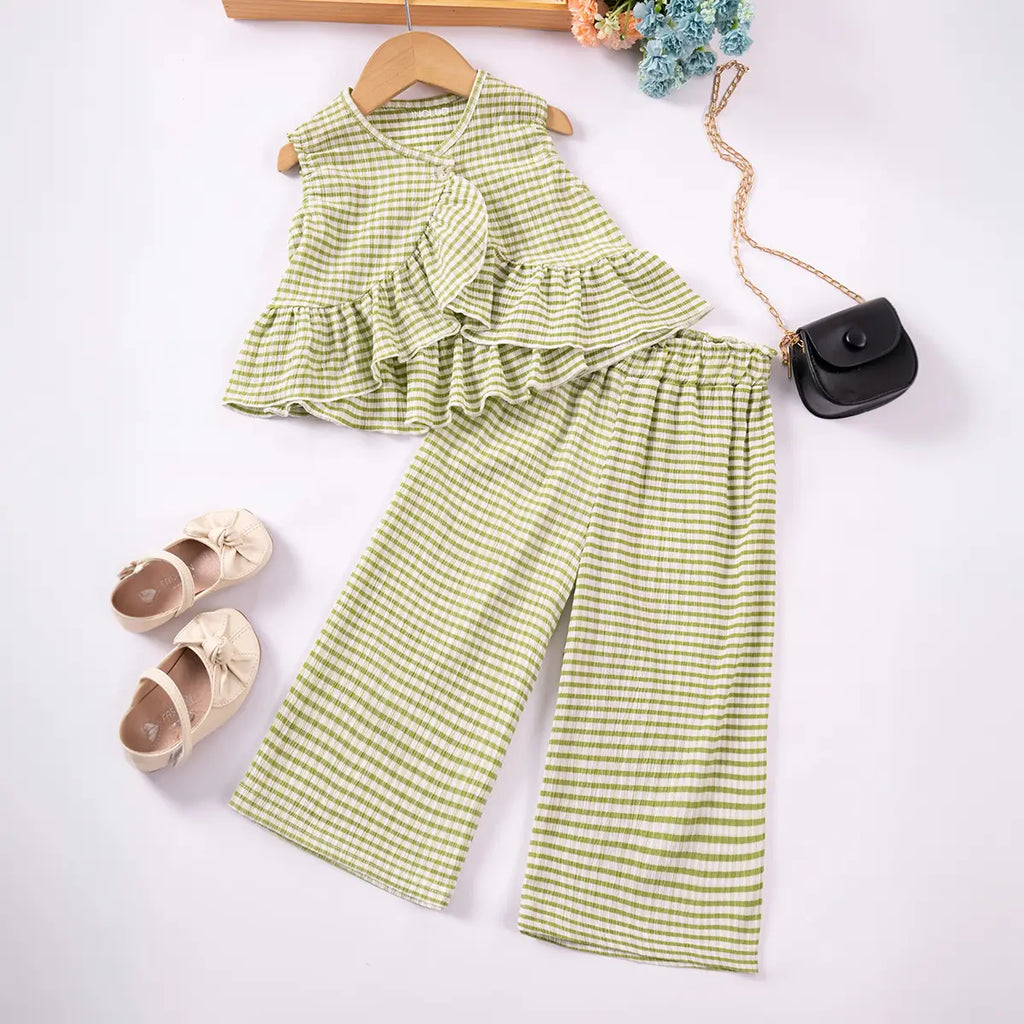 Girls Green Checked Sleeveless Top With Pants Co-ord Sets Sets Green 1-2 Y