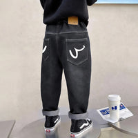 Boys Black Denim Pants with Back Wave Graphic Pants