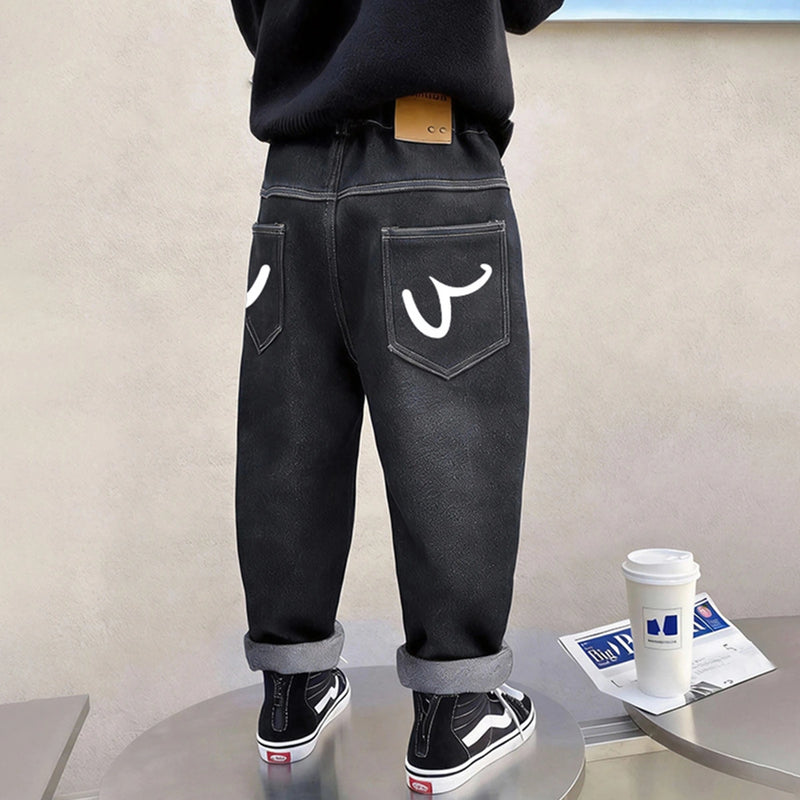 Boys Black Denim Pants with Back Wave Graphic Pants