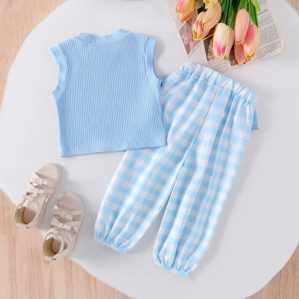 Girls Blue Ribbed Tank Top with Bow Applique Pants Sets 2 pc. Sets