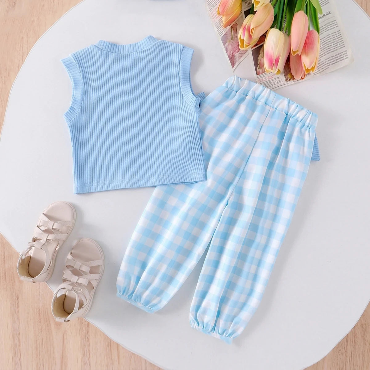 Girls Blue Ribbed Tank Top with Bow Applique Pants Sets 2 pc. Sets