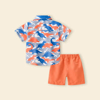 Boys Orange Dinosaur Print Short Sleeves Button-Down Shirt With Shorts Set Sets
