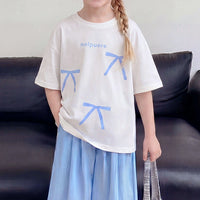 Girls Blue Short Sleeve Bow Print T-Shirt With Pants Sets 2 pc. Sets