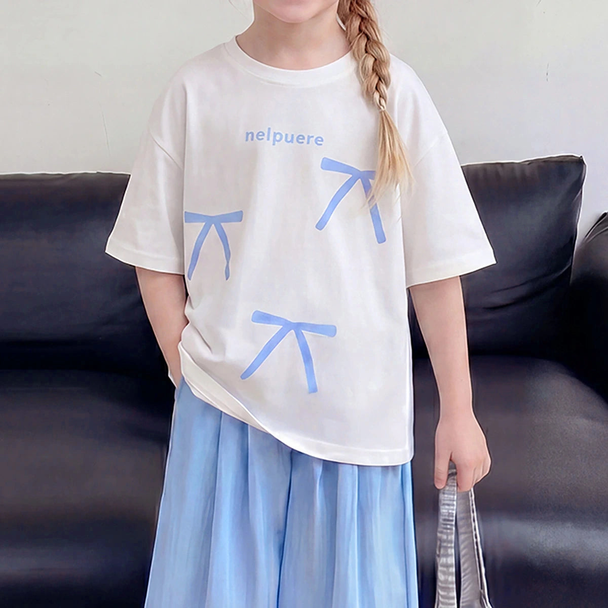 Girls Blue Short Sleeve Bow Print T-Shirt With Pants Sets 2 pc. Sets