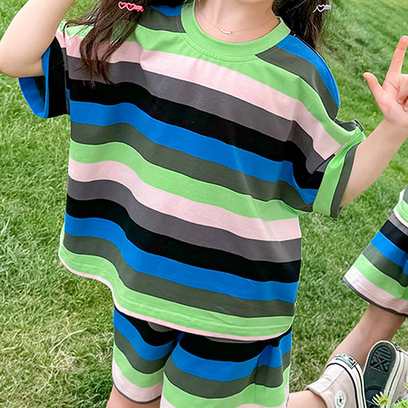 Girls Green Striped Drop Shoulder T-Shirt With Elasticated Shorts Sets Sets