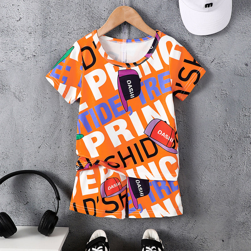 Boys Orange Typographic Print T-Shirt With Shorts Set 2 pc. Sets