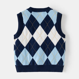 Boys Multicolor Sweater Vest With Self-Design Diamond Patterns Sweaters & Cardigans