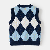 Boys Multicolor Sweater Vest With Self-Design Diamond Patterns Sweaters & Cardigans
