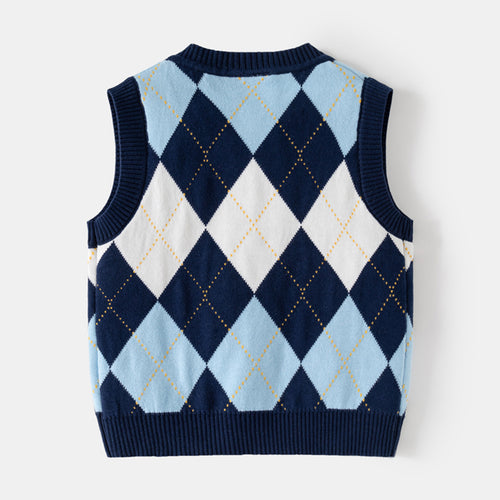 Boys Multicolor Sweater Vest With Self-Design Diamond Patterns Sweaters & Cardigans