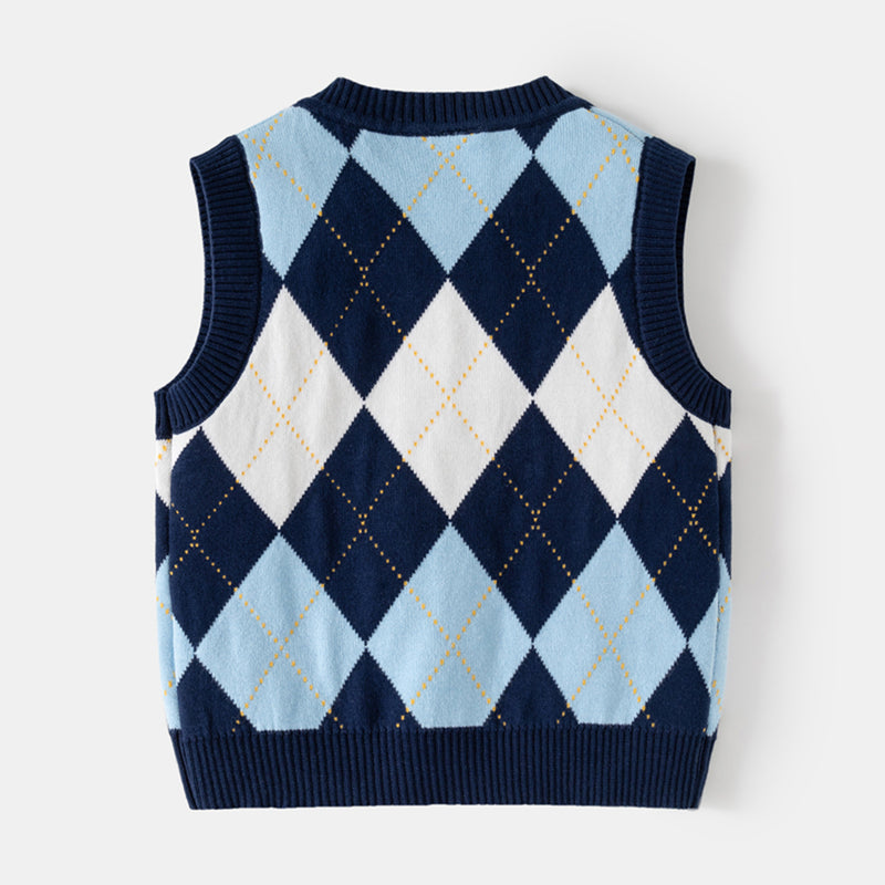 Boys Multicolor Sweater Vest With Self-Design Diamond Patterns Sweaters & Cardigans