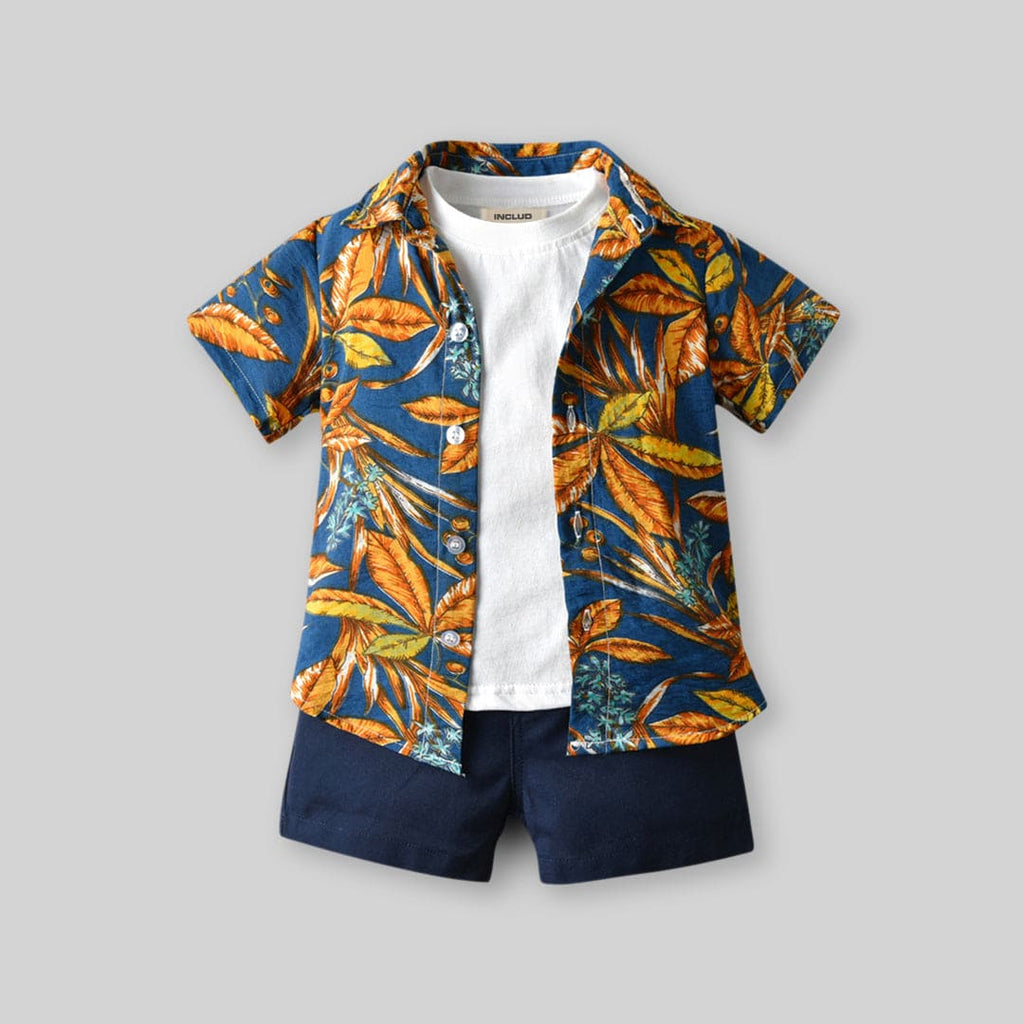 Boys Tropical Print Shirt with T-shirt & Shorts Set