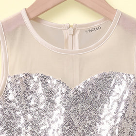 Girls Off White Embellished Sequined Fit & Flare Party Dress Party Dresses
