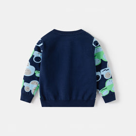 Boys Navy Blue Cardigan With Self-Design Car Patterns Sweaters & Cardigans