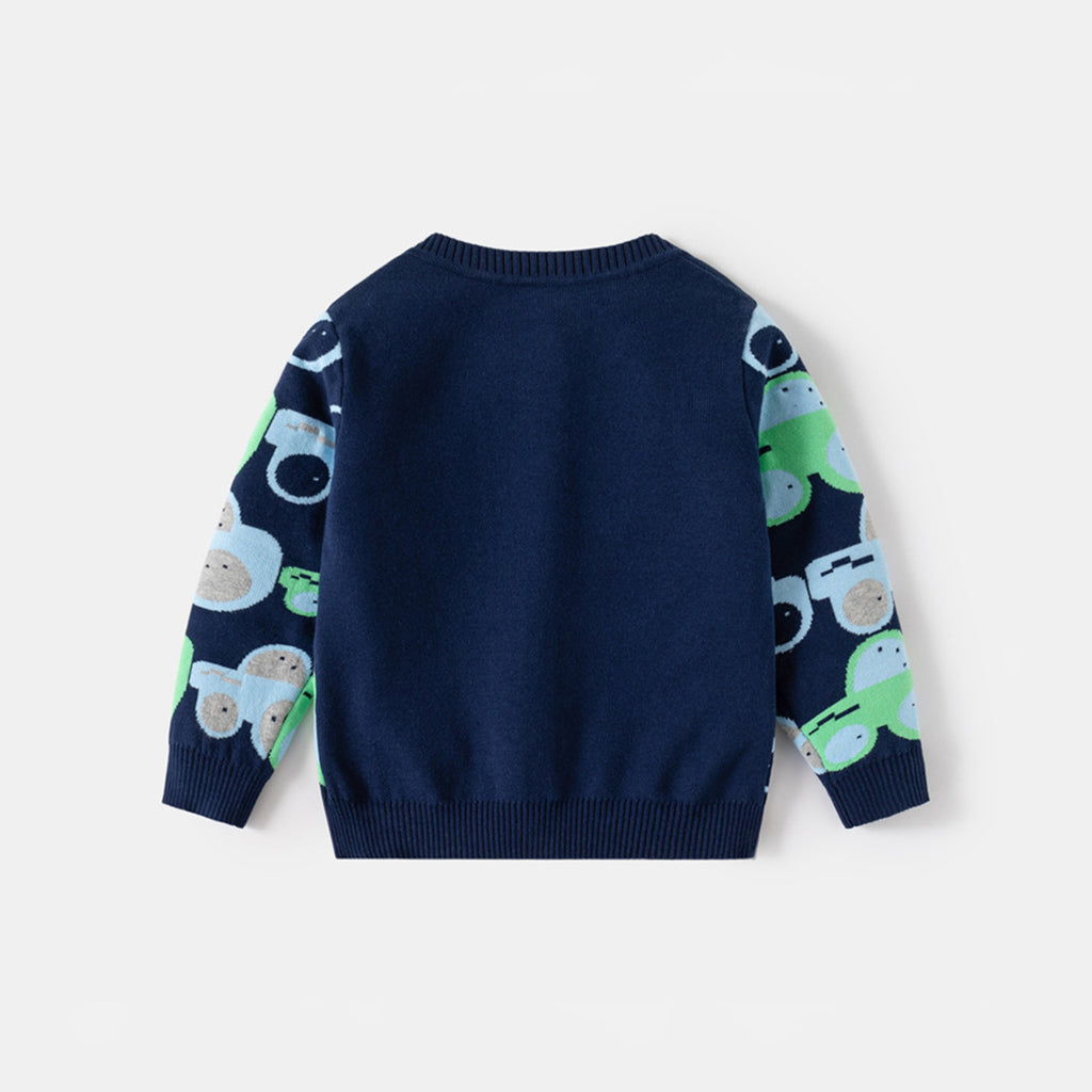 Boys Navy Blue Cardigan With Self-Design Car Patterns Sweaters & Cardigans