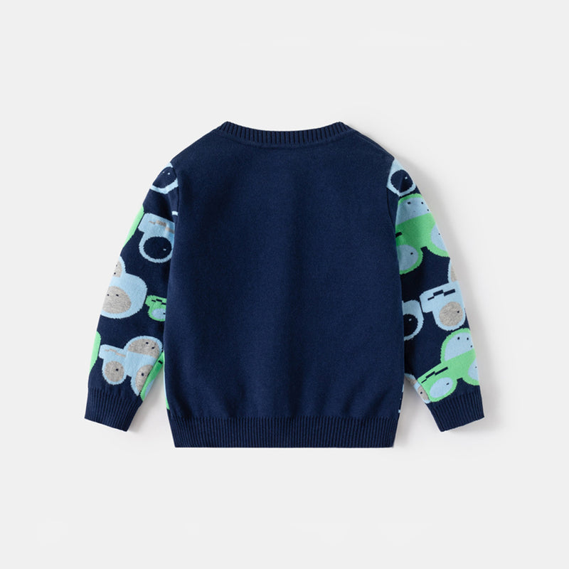 Boys Navy Blue Cardigan With Self-Design Car Patterns Sweaters & Cardigans