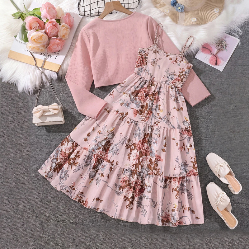 Girls Pink Floral Print Sleeveless Tiered Dress With Shrug Casual Dresses