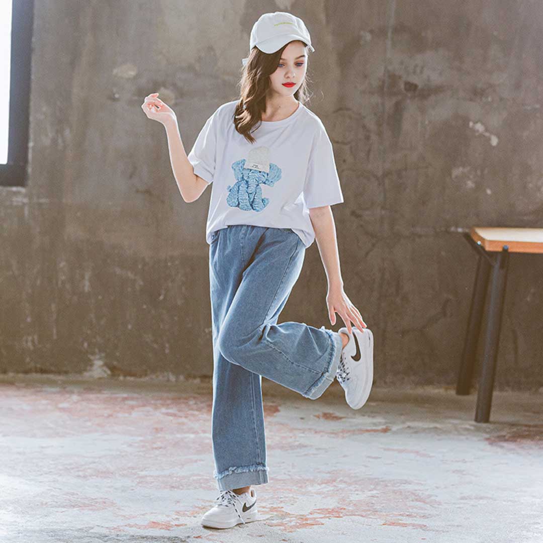 Girls Elephant Graphic T-Shirt With Denim Trouser Set 2 pc. Sets   