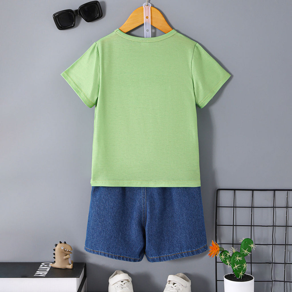 Boys Green Dinosaur Graphic T-Shirt With Denim Shorts Set 2 pc. Sets