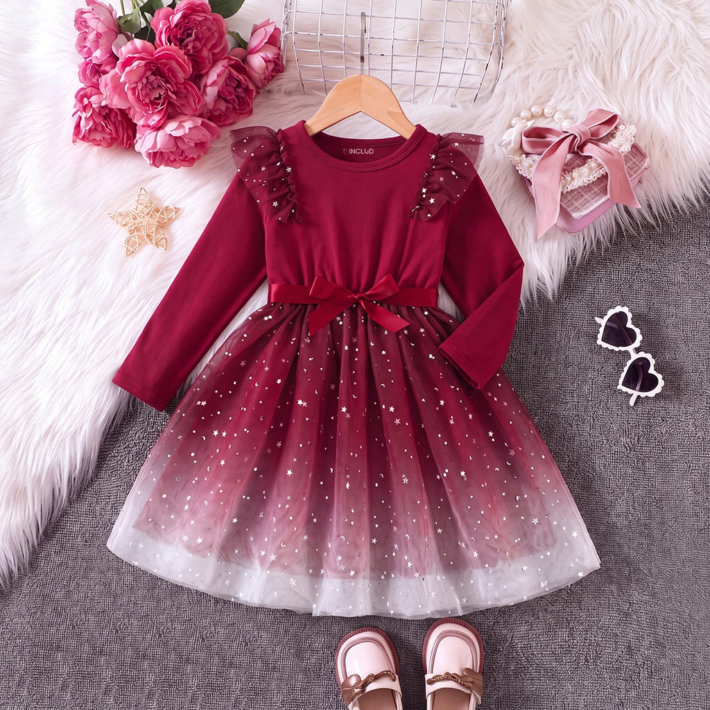 Girls Burgundy Star Foil Print Long Sleeve Fit & Flare Dress Casual Dresses burgundy 3-4 Y
