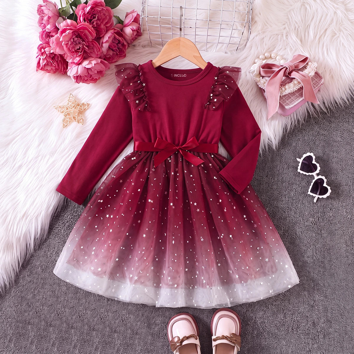 Girls Burgundy Star Foil Print Long Sleeve Fit & Flare Dress Casual Dresses burgundy 3-4 Y
